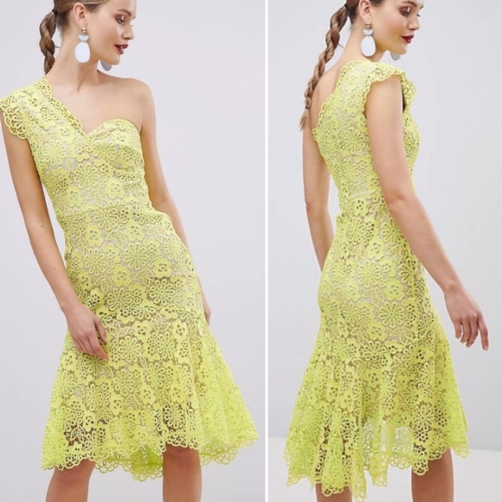 Karen Millen Yellow Lace One-Shoulder Midi Dress